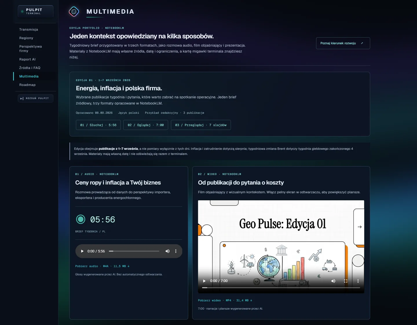 Geo Pulse — Multimedia: odtwarzacz audio i film objaśniający edycji tygodnia